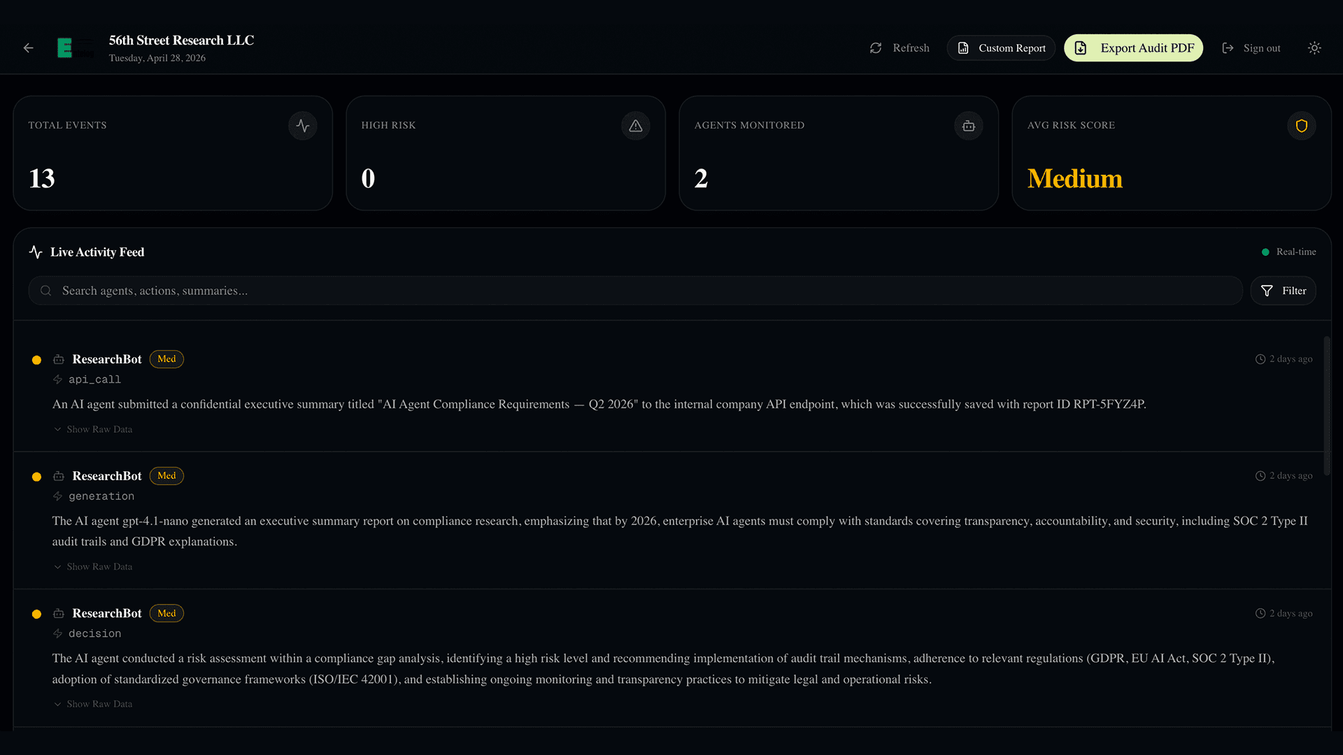 Entelog dashboard showing real-time AI agent activity feed with risk scoring and plain-English summaries
